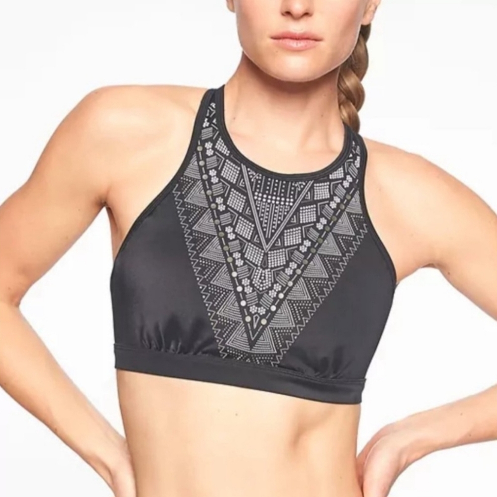 Athleta Black High-Neck Printed Sports Bra